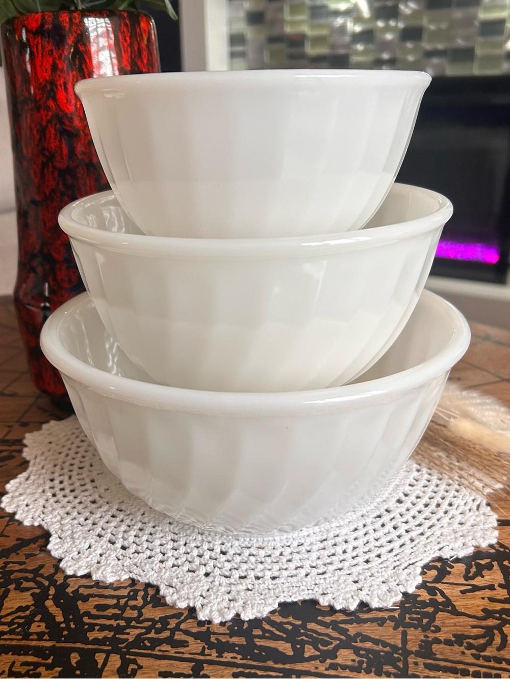 Vintage Fire-King White Swirl Mixing Bowls Set | 1950s Milk Glass Nesting Kitche